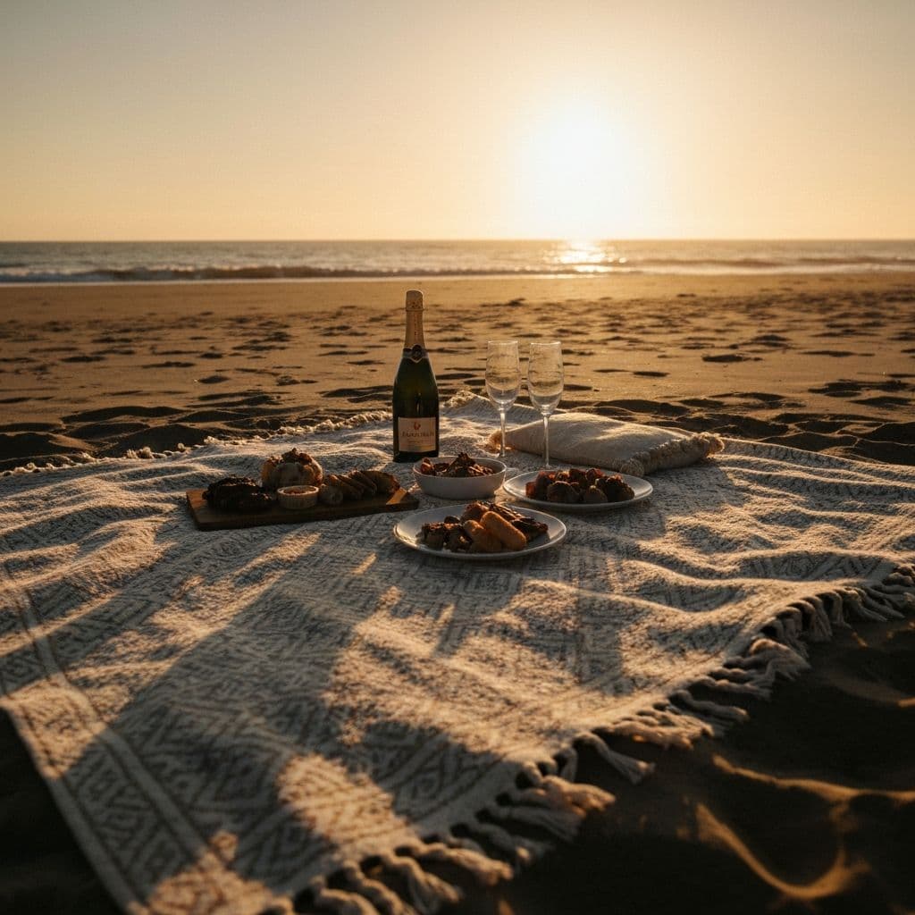Private beach picnic at sunset
