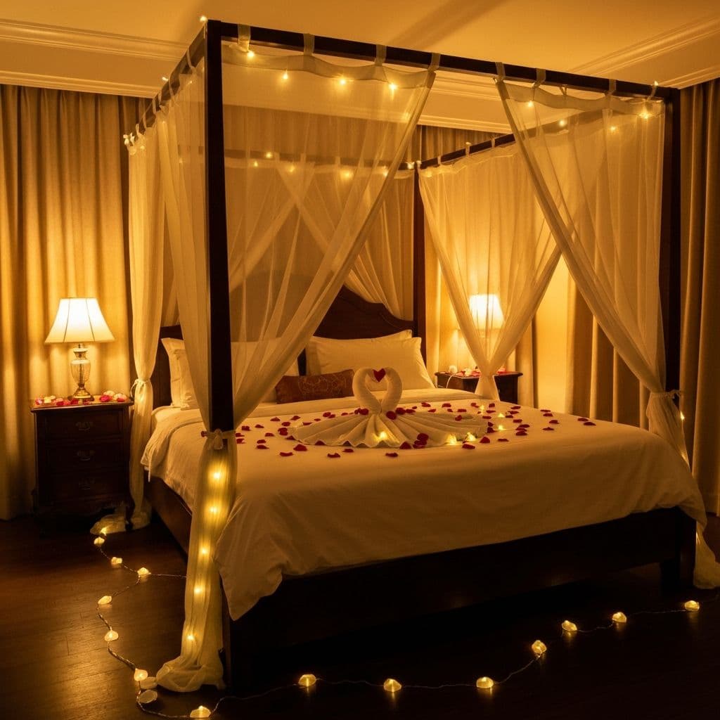 Romantic bedroom setting with soft lighting